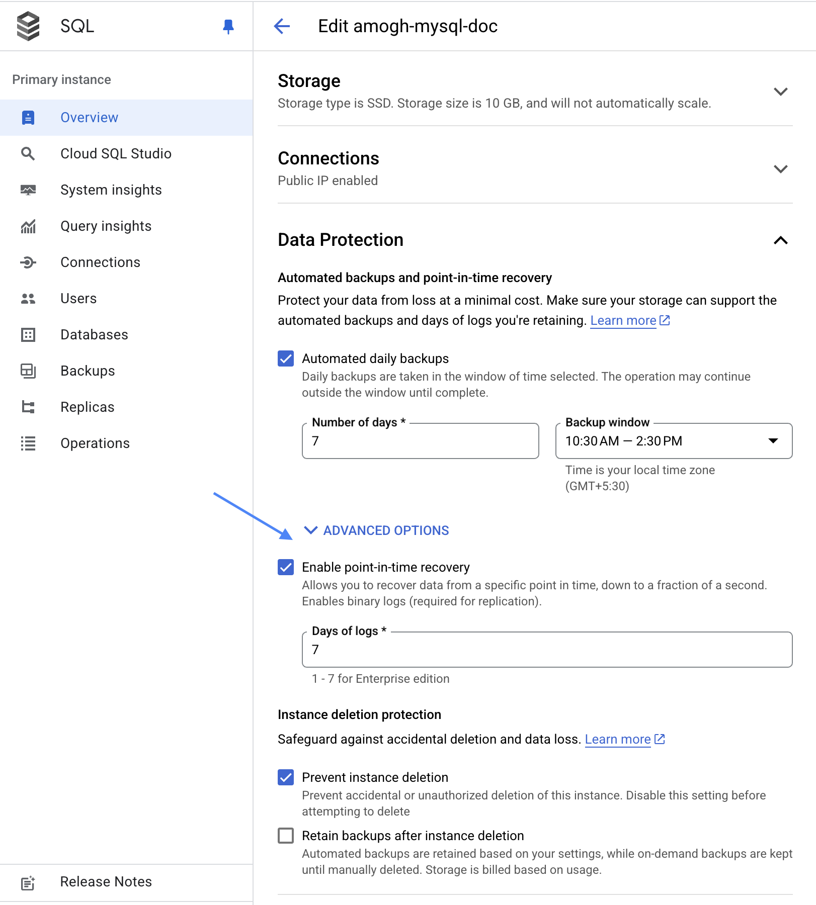 Включение PITR в Cloud SQL