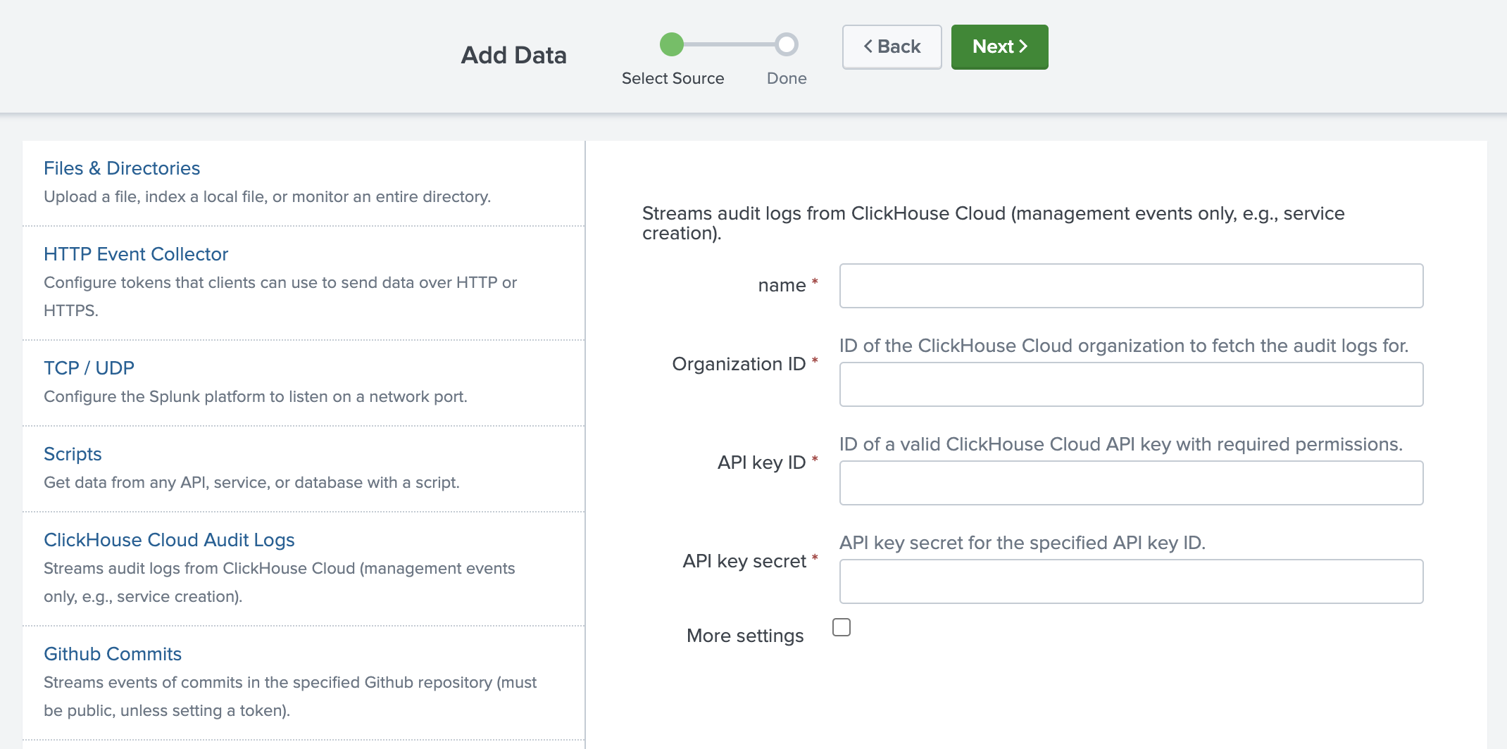 Интерфейс Splunk для настройки нового источн�ика данных ClickHouse Cloud Audit Logs
